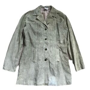 Vtg 90s 100% Suede Leather Trench Coat Women L Mint Green Blazer Prada Gucci